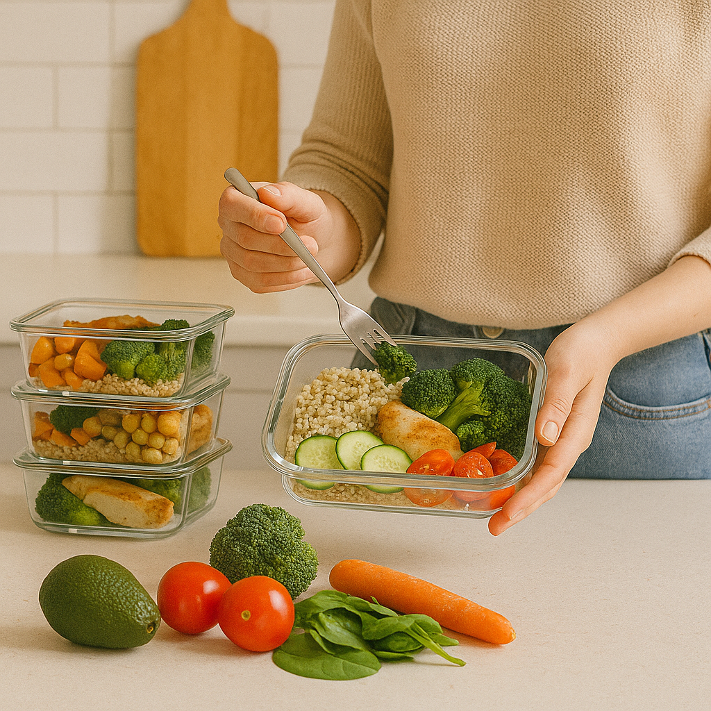 Person richtet in einer Küche bunte Meal-Prep-Boxen mit Quinoa, Hähnchen, Süßkartoffeln, Brokkoli und Gemüse auf einer hellen Arbeitsfläche an.