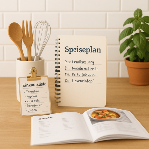 Organisierter Küchentisch mit Speiseplan, Einkaufsliste und Küchenutensilien vor weißer Kachelwand und Basilikumtopf