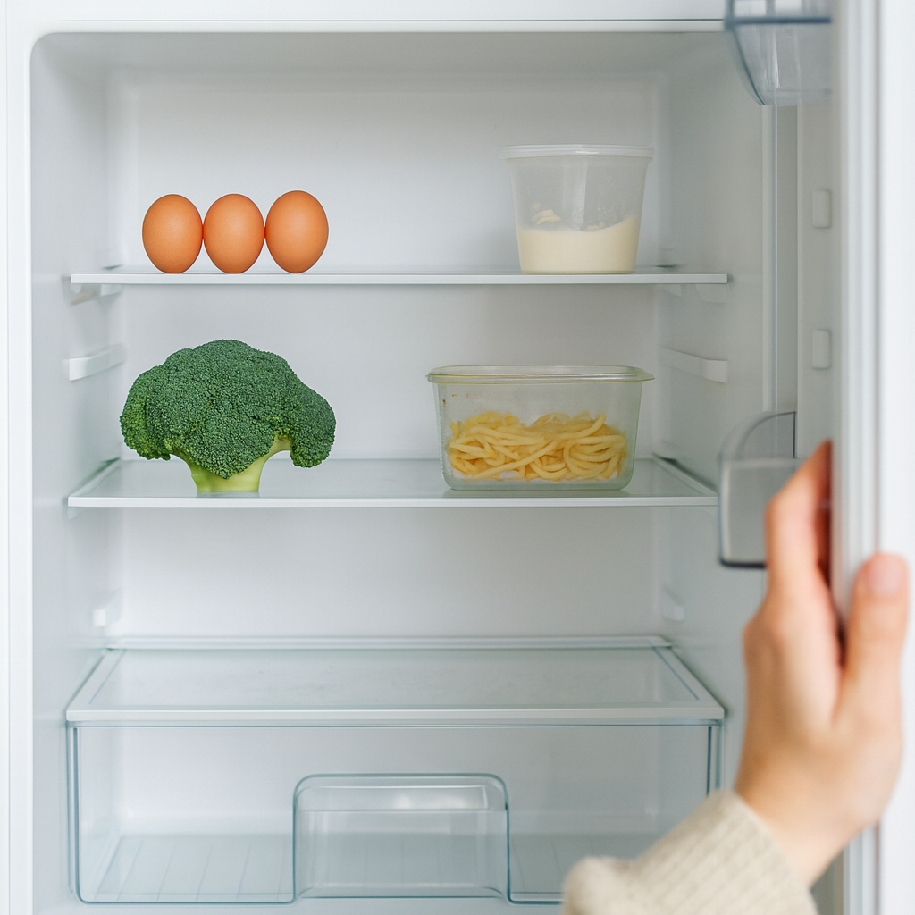 Frau öffnet einen fast leeren Kühlschrank, in dem drei Eier, ein halber Brokkoli, ein halb geleerter Joghurtbecher und eine Glasschüssel mit Nudeln stehen.