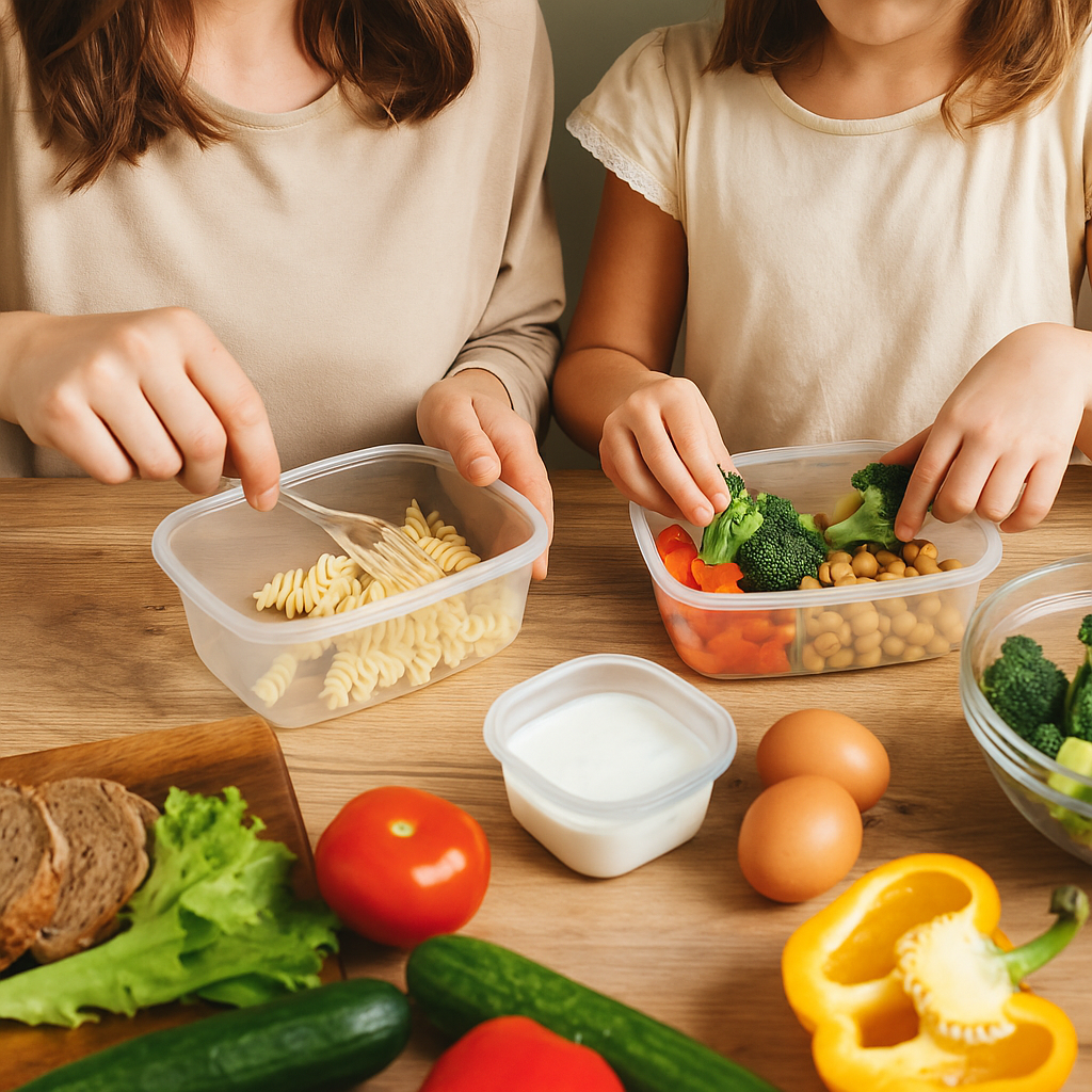 Mutter und Kind beim Mealprep in der Küche mit frischen Zutaten und Vorratsdosen, Gesichter abgeschnitten.