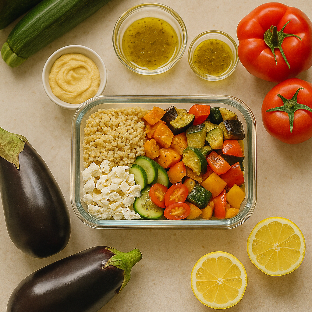 Mediterrane Meal-Prep-Box mit Quinoa, Ofengemüse, Feta, Gurken und Tomaten, umgeben von frischen Zutaten wie Aubergine, Zitrone und Dressing.