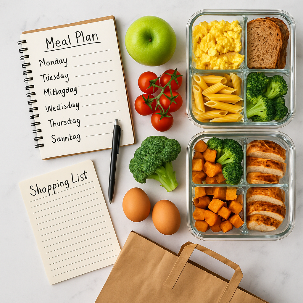 Mealprep-Zutaten, gefüllte Boxen und ein handgeschriebener Wochenplan mit Einkaufsliste auf weißem Untergrund – perfekte Vorbereitung für einen stressfreien Speiseplan.