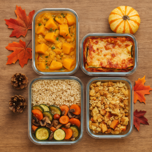 Topshot von herbstlich angerichteten Mealprep-Behältern mit verschiedenen Gerichten, dekoriert mit bunten Herbstblättern.
