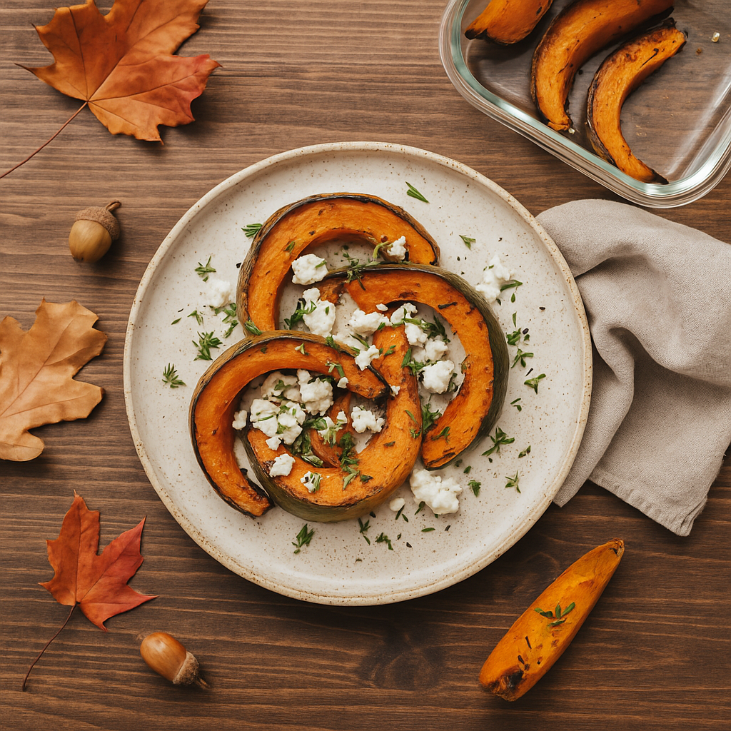 Ofengebackener Hokkaido-Kürbis mit Feta und Kräutern, herbstlich angerichtet, im Hintergrund ein halb leerer Mealprep-Behälter.