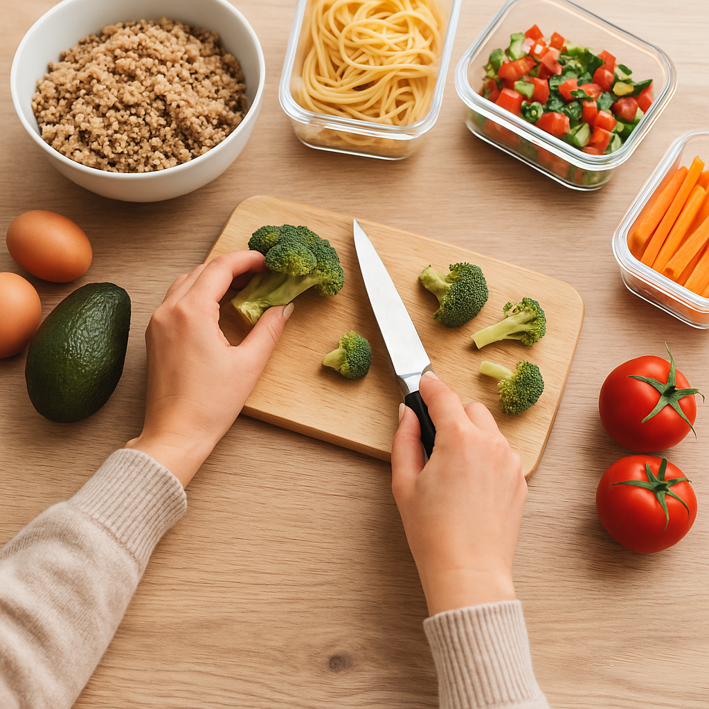 Hände schneiden Brokkoli auf einem Holzbrett, umgeben von vorbereiteten Zutaten wie Quinoa, Nudeln, Tomaten, Karottensticks, Avocado und Eiern.