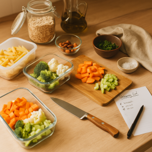 Leicht chaotische Mealprep-Küche mit geschnittenem Gemüse, offenen Vorratsdosen und Einkaufsliste auf der Arbeitsfläche.