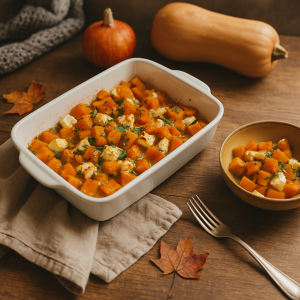 Ofengerösteter Kürbis mit Feta und Kräutern in einer herbstlichen Küche, serviert in einer Schale auf Holzarbeitsfläche im warmen Licht.