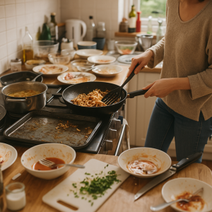 Unordentliche Küche während des Kochens, mit vielen schmutzigen Tellern und Töpfen, voller Chaos und Stress – Symbol für Kochen ohne Mealprep.