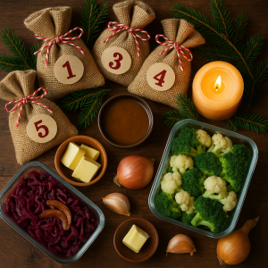 Besinnliches Adventsbild mit kleinen Adventskalender-Säckchen, Tannenzweigen und Mealprep-Zutaten wie Rotkohl, Gemüse, Butter und Soße – stimmungsvolle Vorbereitung für den Mealprep-Adventskalender.
