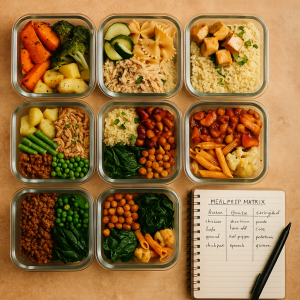 Acht gefüllte Mealprep-Behälter und ein offenes Notizbuch mit Mealprep-Notizen, von oben fotografiert.