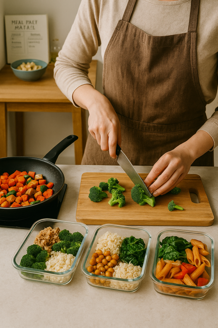Person schneidet Brokkoli auf einem Holzbrett, daneben stehen gefüllte Mealprep-Behälter und eine Pfanne mit gebratenem Gemüse in einer hellen Küche.