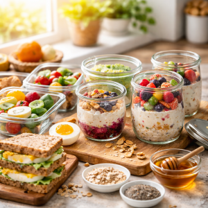 Mealprep-Frühstück auf einem sonnigen Küchentisch mit Overnight-Oats, Obst, Eiern und Sandwiches in Gläsern und Boxen