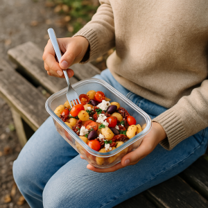 Person sitzt auf einer Parkbank und isst einen Mealprep-Gnocchi-Salat kalt aus einer Glasdose – ideales Mealprep-to-go Gericht für unterwegs.