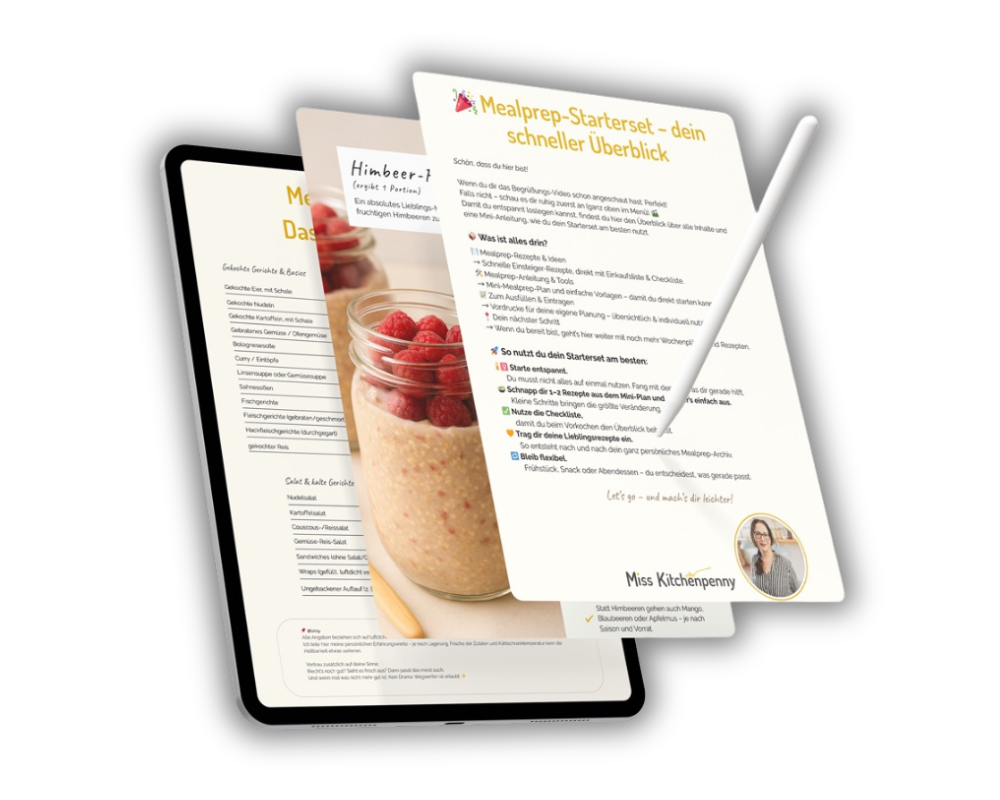 Mealprep Starterset von Miss Kitchenpenny als digitales Produkt mit Tablet, PDF-Übersichten, Rezeptseiten und Frühstück im Glas