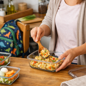 Frau füllt Gemüsereis in eine Mealprep-Box in einer alltagstauglichen Küche, im Hintergrund hängt ein Kindergartenrucksack am Stuhl.