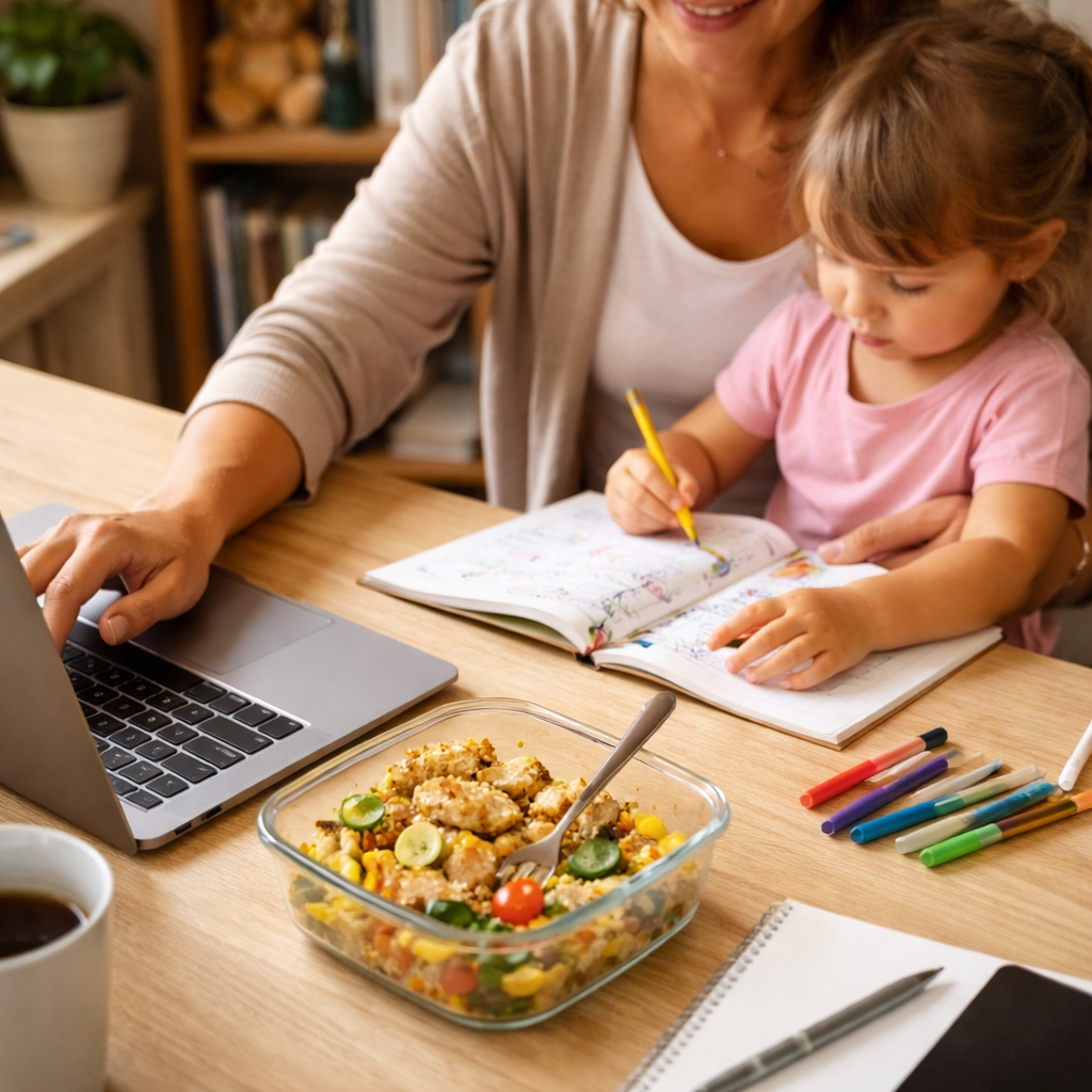 Selbstständige Frau arbeitet im Homeoffice am Schreibtisch, ein Kind sitzt auf ihrem Schoß, daneben steht eine Schüssel mit vorbereitetem Mealprep-Essen.