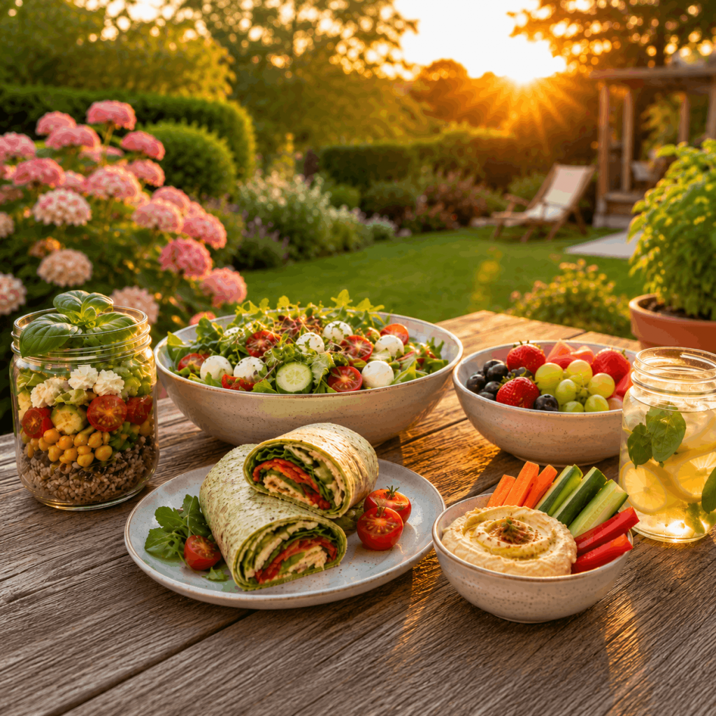 Sommerliches Meal Prep mit Wraps, Salat, Obst, Gemüsesticks, Hummus und Zitronenwasser auf einem Gartentisch bei Sonnenuntergang.