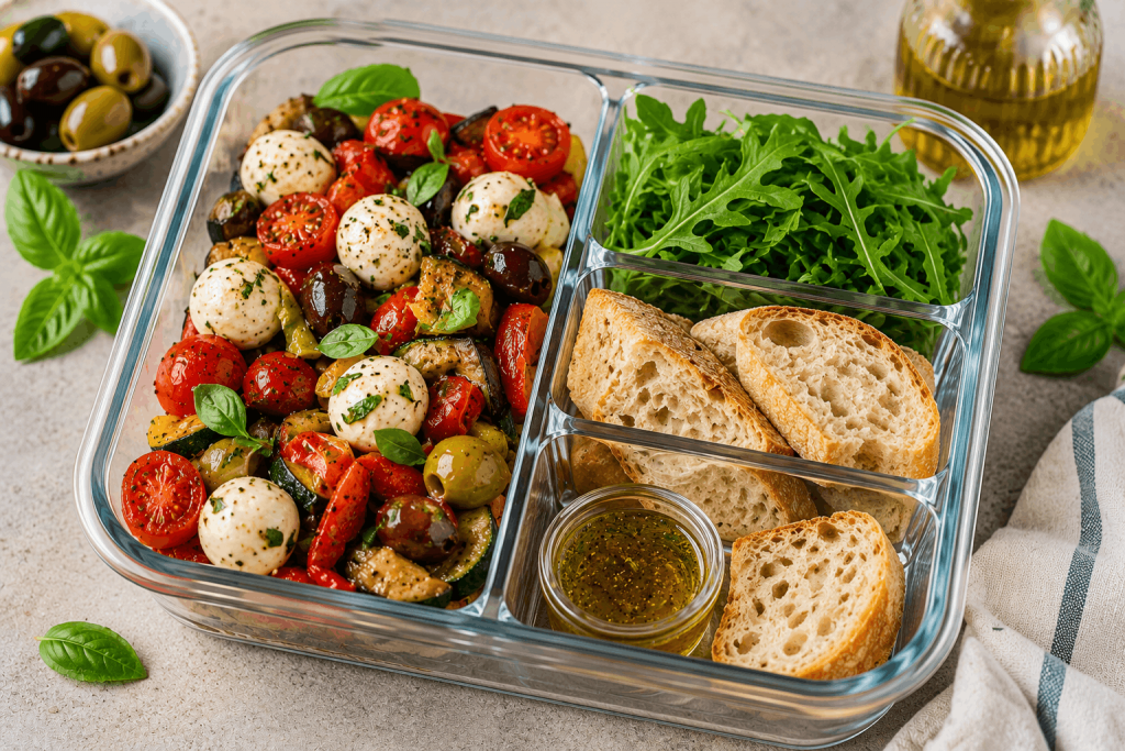 Antipasti-Salat mit Mozzarella, Cherrytomaten, Oliven, Rucola, Ciabatta und Dressing in einer Meal-Prep-Box mit mehreren Fächern.