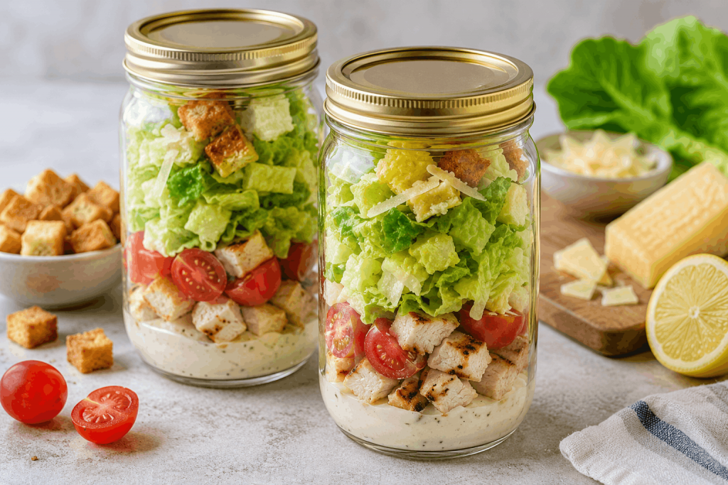 Caesar-Salat im Glas mit Hähnchen, Romana-Salat, Cherrytomaten, Parmesan, Croûtons und cremigem Dressing.