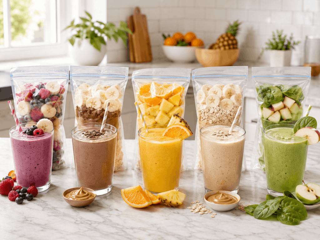 Fünf vorbereitete Smoothie Bags mit passenden fertig gemixten Smoothies in Gläsern, darunter Beeren-Banane, Schoko-Banane, tropischer Mango-Ananas-Smoothie, cremiger Sattmacher-Smoothie und grüner Apfel-Spinat-Smoothie in einer hellen Küche.