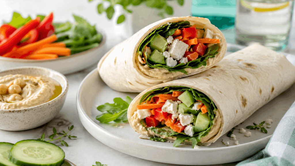 Hummus-Gemüse-Wraps mit Feta, Gurke, Paprika, Möhre und Rucola auf einem hellen Sommertisch.