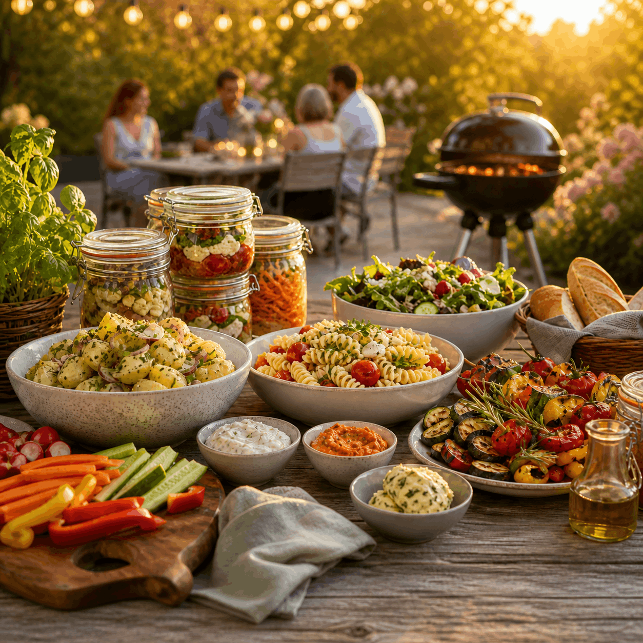 Sommerlicher Grilltisch mit vorbereiteten Salaten, Dips, Gemüse, Brot und Grillbeilagen für Meal Prep fürs Grillen.