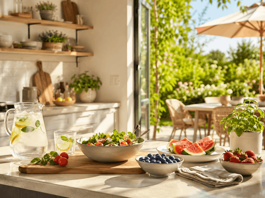 Helle Sommerküche mit frischem Salat, Wassermelone, Beeren und Zitronenwasser auf der Arbeitsplatte, im Hintergrund ein sonniger Garten mit Terrasse.