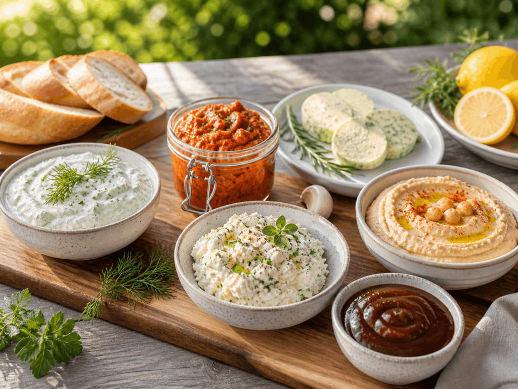 Vorbereitete Dips, Saucen und Kräuterbutter mit Brot, Zitrone und frischen Kräutern für Meal Prep fürs Grillen.