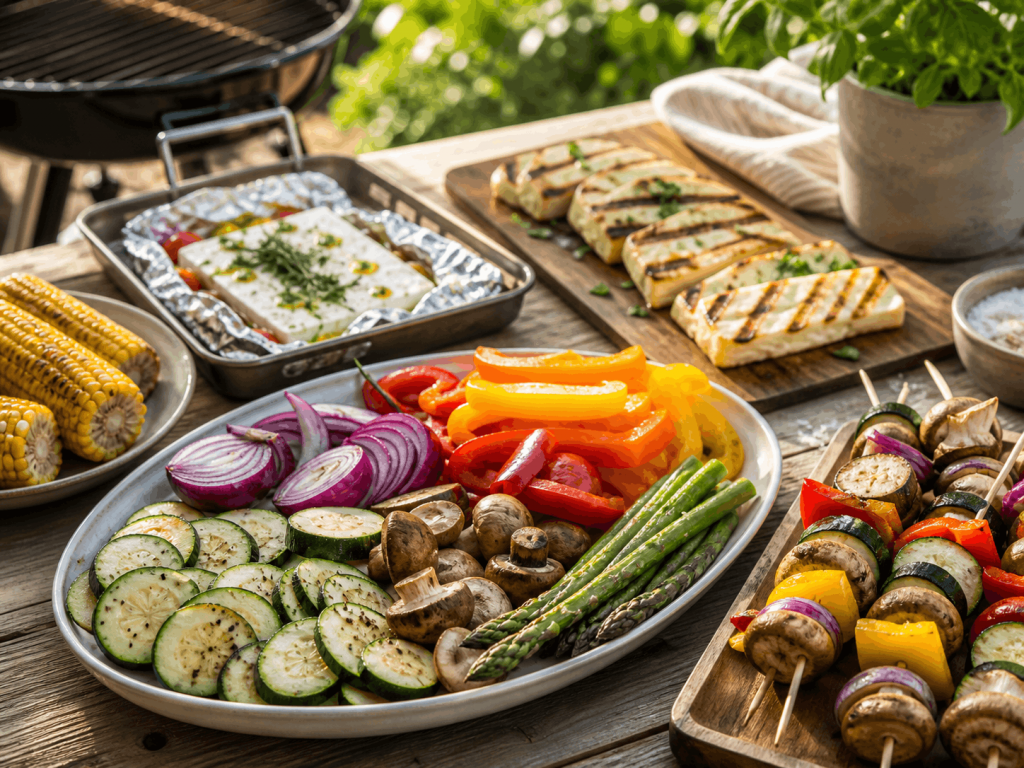 Vorbereitetes Grillgemüse, Gemüsespieße, Maiskolben, Feta-Päckchen und Halloumi für Meal Prep fürs Grillen auf einem Gartentisch.