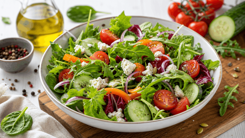 Verschiedene vorbereitete Salate wie Blattsalat, Nudelsalat, Kartoffelsalat und Bulgursalat für Meal Prep fürs Grillen auf einem Holztisch im Garten.