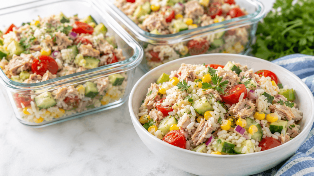 Reissalat mit Thunfisch, Gurke, Mais, Cherrytomaten und Petersilie in Meal-Prep-Glasboxen auf einer hellen Küchenfläche.