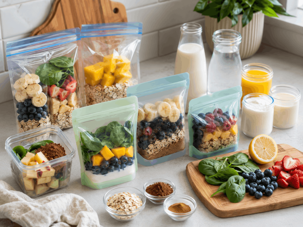 Vorbereitete Smoothie Bags mit Obst, Spinat, Haferflocken, Kakao und Zimt auf einer hellen Küchenarbeitsfläche, daneben Milch, Wasser, Orangensaft und Joghurt zum frischen Mixen.