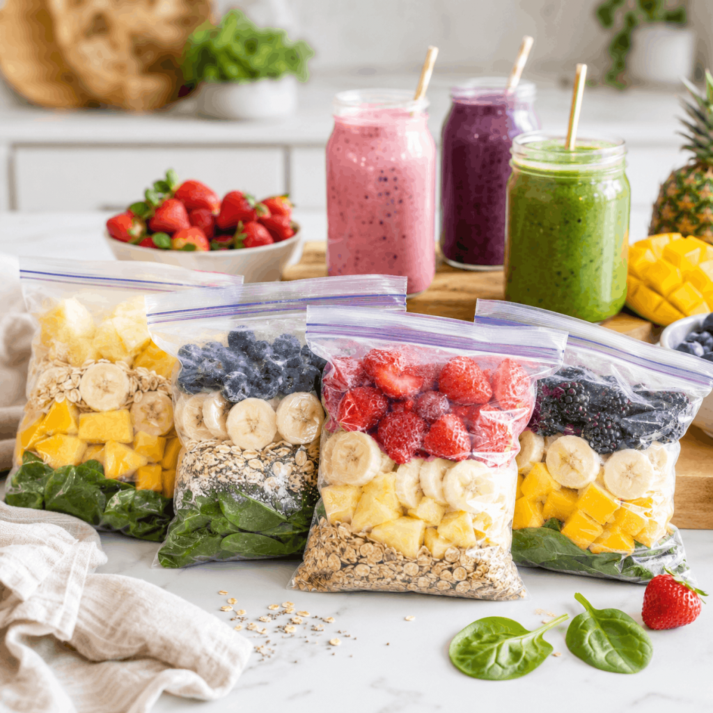 Vorbereitete Smoothie Bags mit Obst, Beeren, Mango, Banane, Spinat und Haferflocken auf einer hellen Küchenarbeitsfläche, im Hintergrund fertig gemixte Smoothies in Gläsern mit Strohhalmen.
