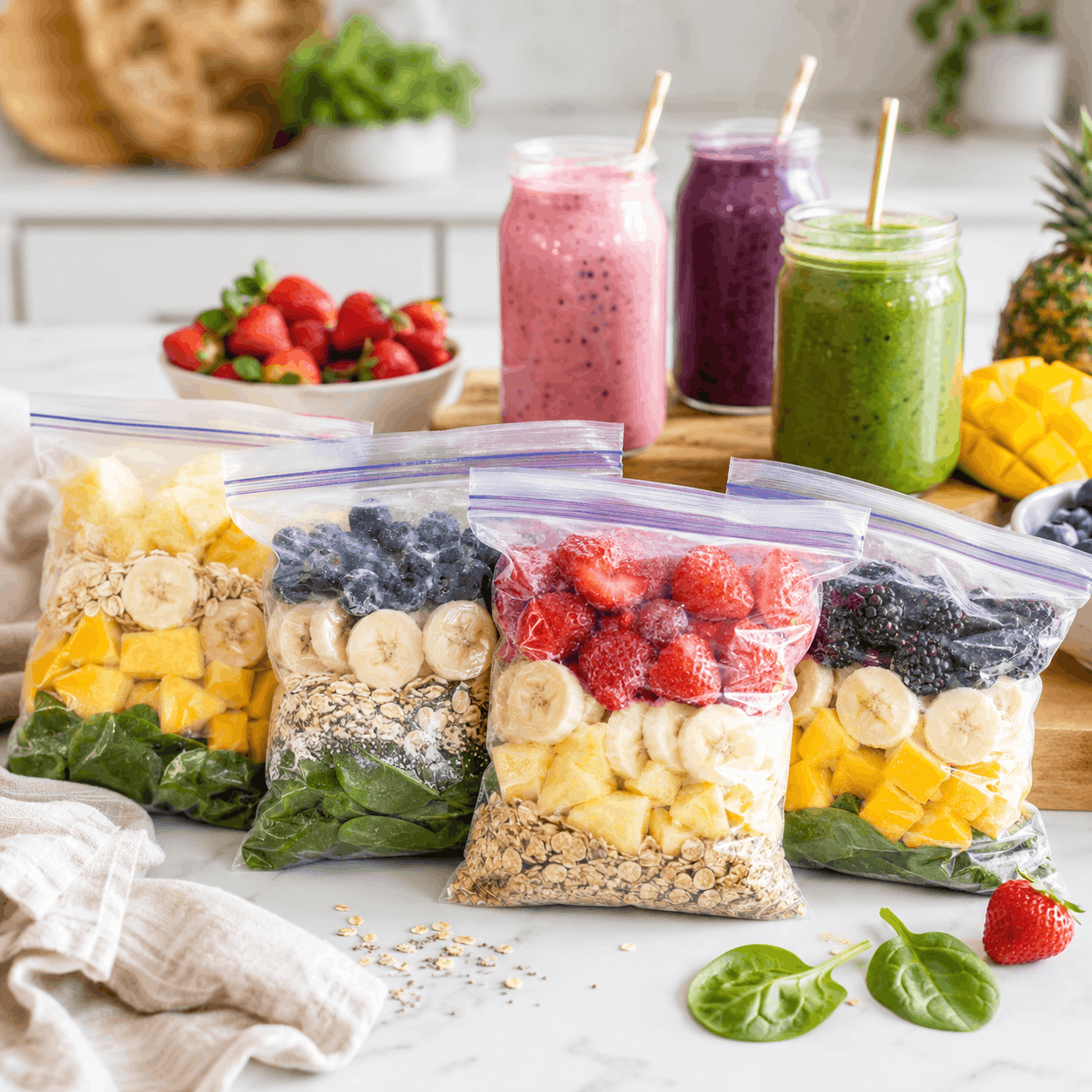 Vorbereitete Smoothie Bags mit Obst, Beeren, Mango, Banane, Spinat und Haferflocken auf einer hellen Küchenarbeitsfläche, im Hintergrund fertig gemixte Smoothies in Gläsern mit Strohhalmen.