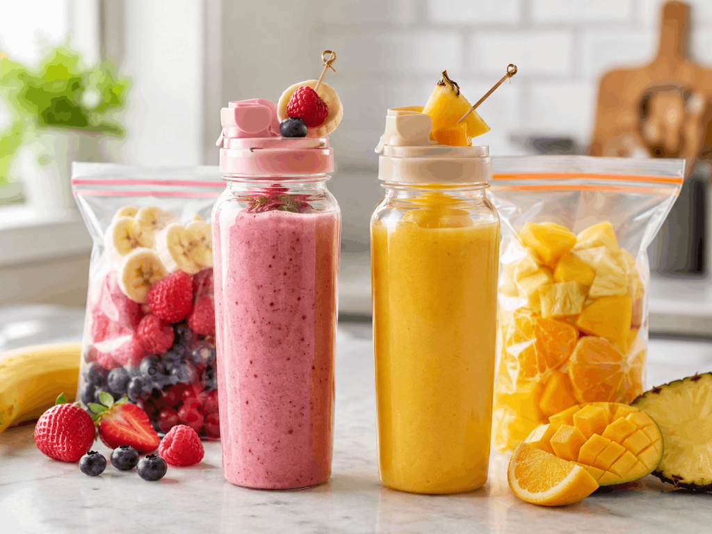 Zwei Smoothies in To-go-Flaschen, ein rosa Beeren-Bananen-Smoothie und ein gelber Mango-Ananas-Smoothie, dekoriert mit frischem Obst, mit passenden vorbereiteten Smoothie Bags im Hintergrund.