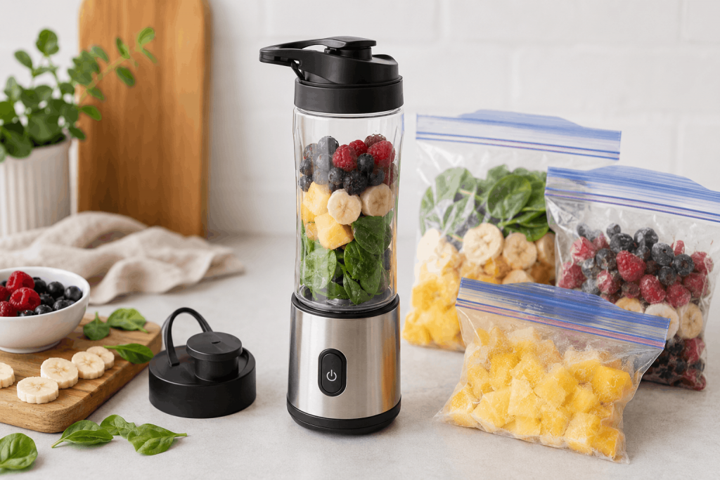 Kleiner Smoothie-Mixer, der direkt in einer Trinkflasche mixt, gefüllt mit Beeren, Banane, Spinat und Ananas, daneben vorbereitete Smoothie Bags mit gefrorenem Obst in einer hellen Küche.