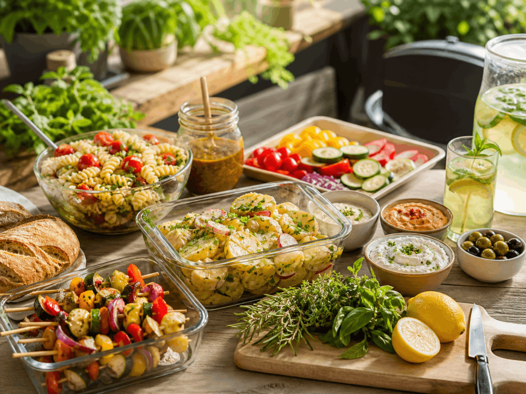 Vorbereitete Salate, Dips, Gemüsespieße, Brot und Sommergetränke für Meal Prep fürs Grillen auf einem gedeckten Gartentisch.