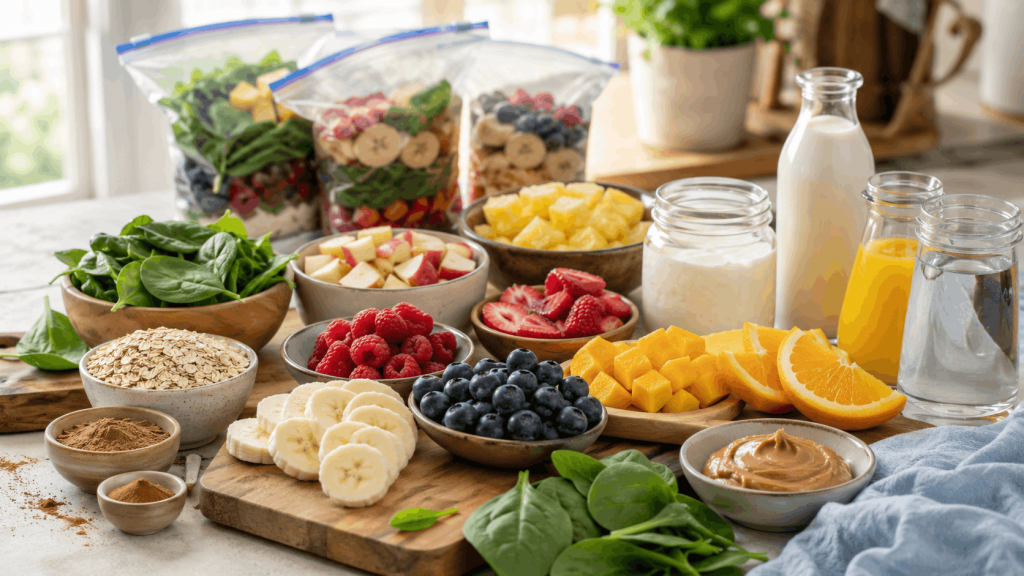 Frisch vorbereitete Smoothie-Zutaten wie Banane, Beeren, Mango, Ananas, Apfel, Spinat, Haferflocken, Kakao, Zimt, Joghurt, Milch, Saft und Erdnussbutter auf einer hellen Küchenarbeitsfläche, im Hintergrund einige vorbereitete Smoothie Bags.