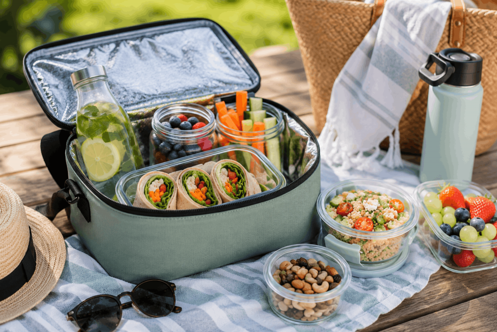 Kühltasche mit vorbereiteten Snacks, Wraps, Obst, Gemüsesticks und Salat für Meal Prep unterwegs im Sommer.