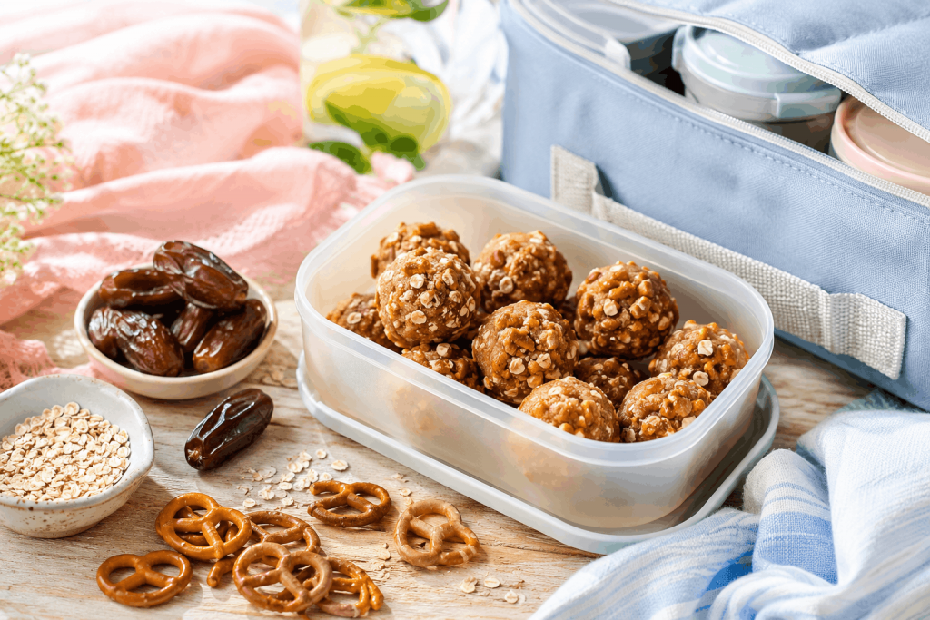 Erdnuss-Dattel-Bällchen mit Salzbrezel-Crunch in einer Snackbox als Meal Prep für unterwegs im Sommer.