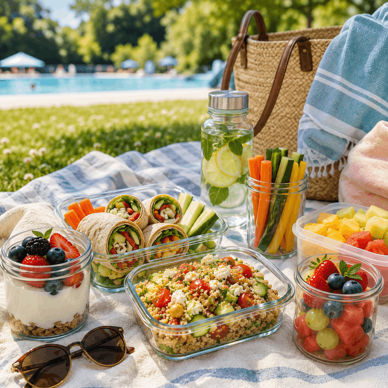 Meal Prep für unterwegs im Sommer mit Wraps, Salat, Obst, Gemüsesticks und Getränk auf einer Picknickdecke am Freibad.