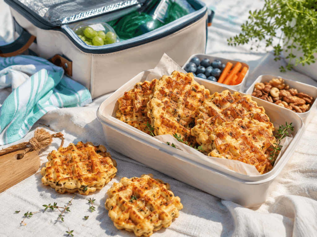 Herzhafte Mini-Waffeln mit Käse und Kräutern in einer Lunchbox als Meal Prep für unterwegs im Sommer.