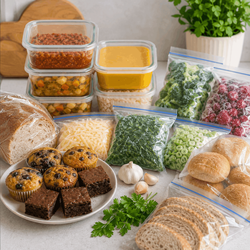 Lebensmittel einfrieren: Verschiedene Tiefkühl-Vorräte wie Brot, Brötchen, Gemüse, Beeren, Reis, Saucen, Muffins und Brownies sind portionsweise vorbereitet.