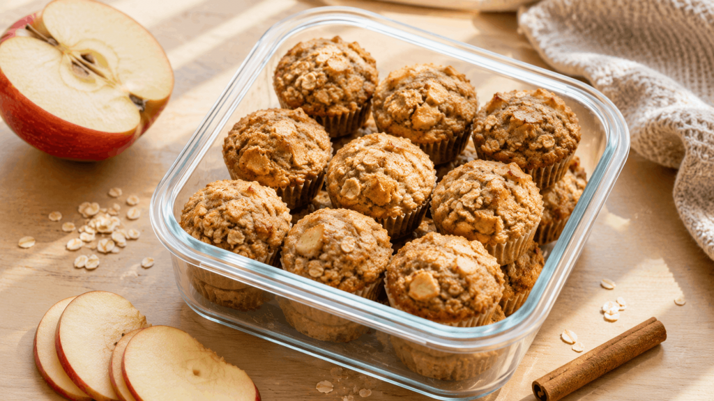 Selbstgemachte Apfel-Zimt-Hafer-Muffins in einer verschließbaren Snackdose mit Apfelspalten, Haferflocken und Zimtstange.