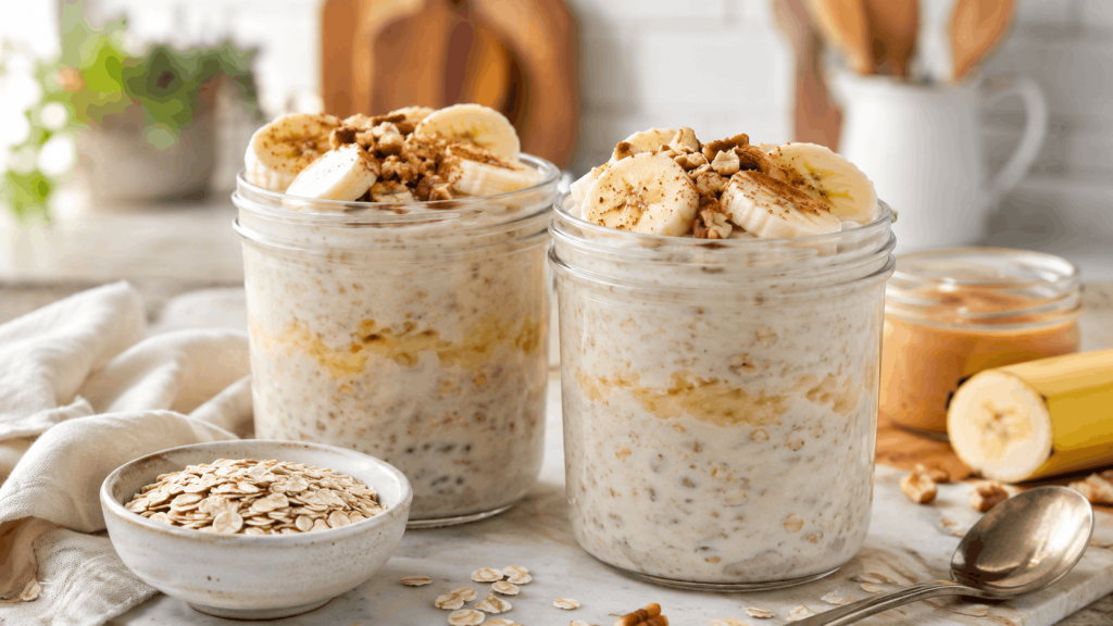 Cremige Bananen-Overnight-Oats im Glas mit Haferflocken, Bananenscheiben, Zimt und Nüssen als vorbereitetes Meal Prep Frühstück.