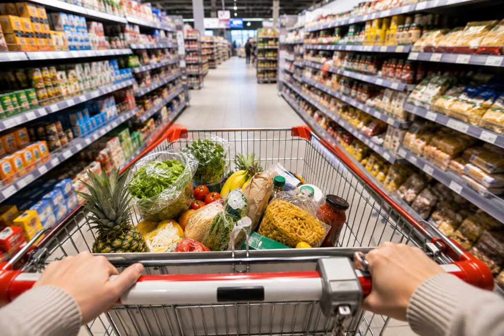 Geplanter Supermarkteinkauf aus der Perspektive einer Person, die einen gefüllten Einkaufswagen durch den Gang schiebt.