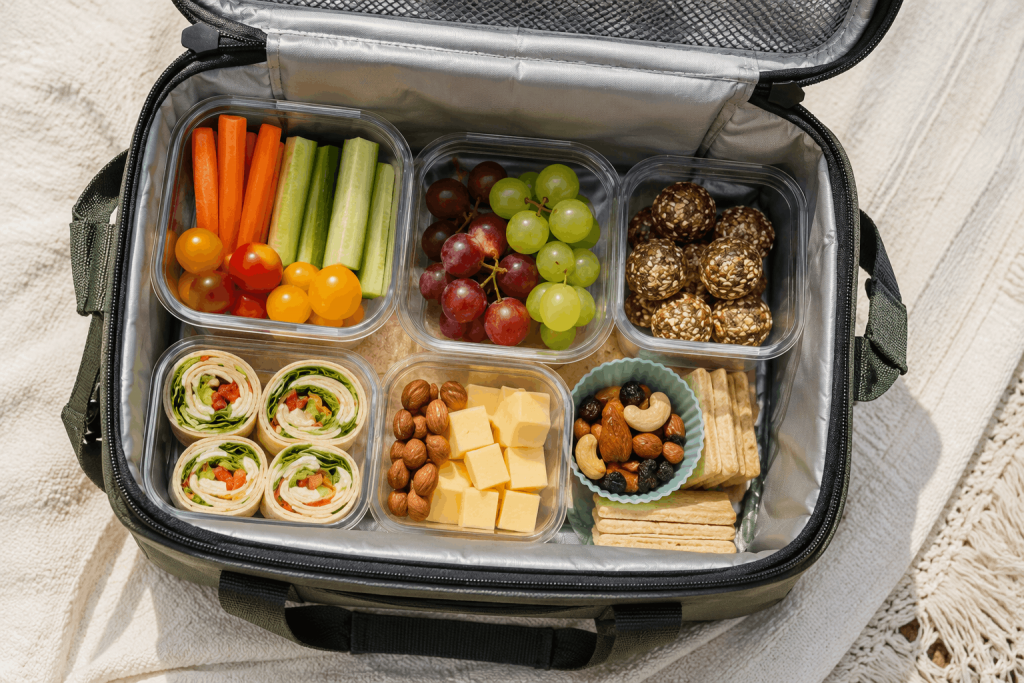 Blick von oben in eine geöffnete Kühltasche mit vorbereiteten Mealprep-Snacks für eine lange Autofahrt, darunter Wrap-Röllchen, Gemüsesticks, Trauben, Käsewürfel, Cracker, Nüsse und Energy Balls.