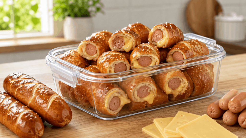 Kleine gefüllte Mini-Laugenstangen mit Würstchen und geschmolzenem Käse in einer verschließbaren Snackdose, daneben Käsescheiben, Mini-Würstchen und kleine Laugenstangen.