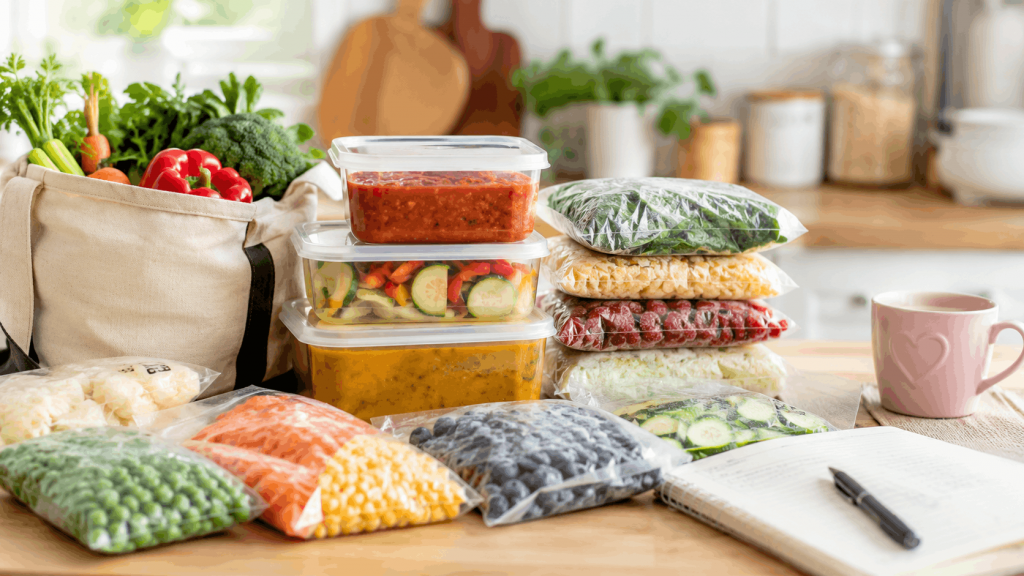 Lebensmittel einfrieren: Vorbereitete Mahlzeiten, Gemüse und Obst in Gefrierbeuteln und Vorratsdosen auf einer hellen Küchenarbeitsplatte.