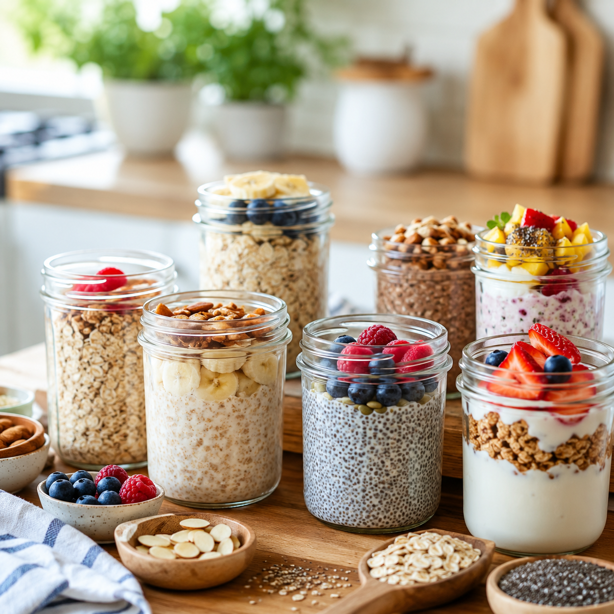 Meal Prep Frühstück im Glas mit Overnight Oats, Chia-Pudding, Joghurt, Beeren, Obst, Nüssen und Haferflocken auf einem hellen Küchentisch.